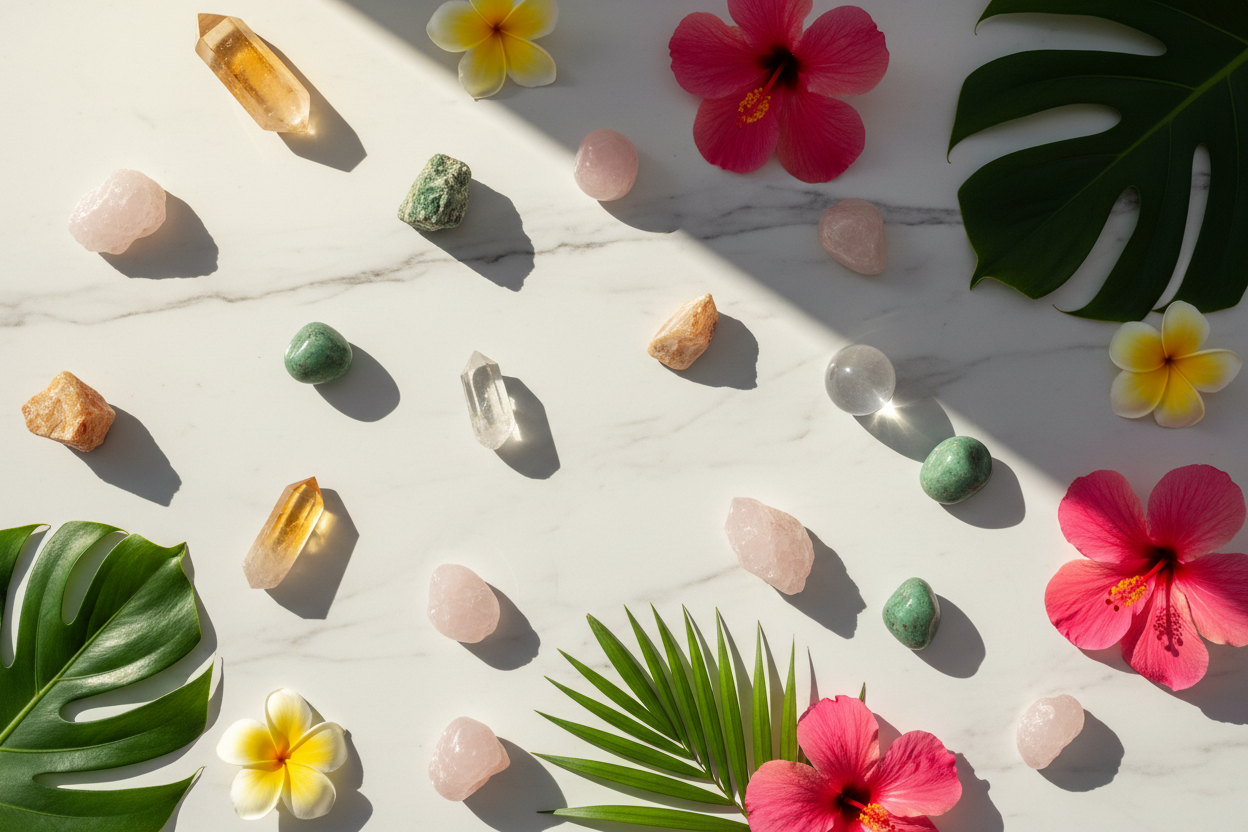 Pretty fresh summer crystal altar featuring hibiscus flowers 