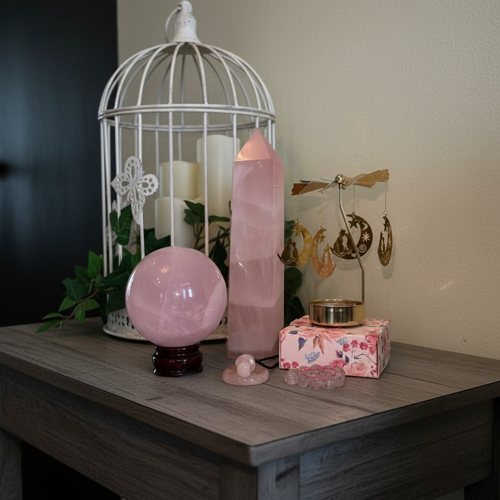 A pink rose quartz crystal tower stands next to a rose quartz sphere, on a wooden base, with a gold-tone candle holder spinner