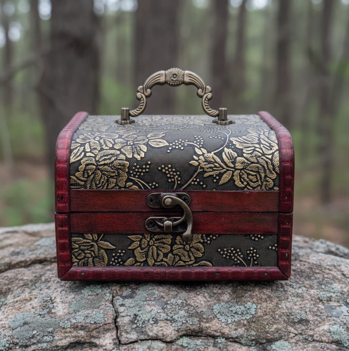 Selenite Bracelet Charger stand on a cut tree stump in a muted forest background