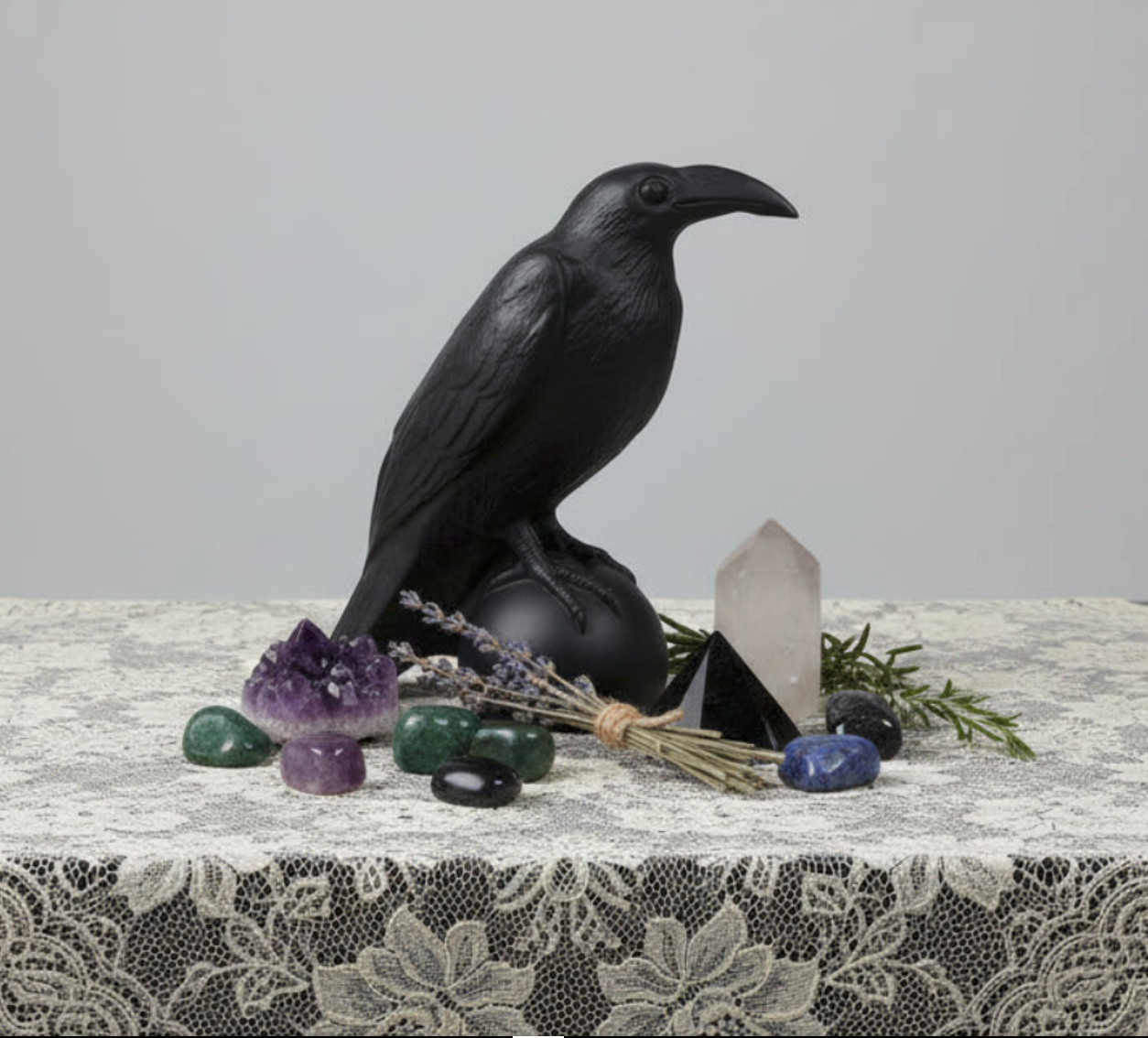 Close up of crow carving sitting on a table 