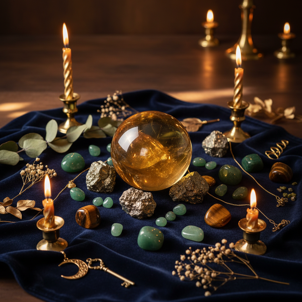  Abundance Prosperity Crystal Collection - Citrine Sphere Pyrite Aventurine Tiger's Eye Navy Velvet Golden Candlelight