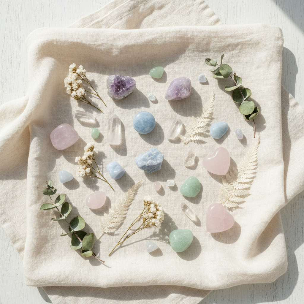 Anxiety Stress Relief Crystal Collection - Amethyst Rose Quartz Angelite Crystals White Linen Dried Flowers Eucalyptus