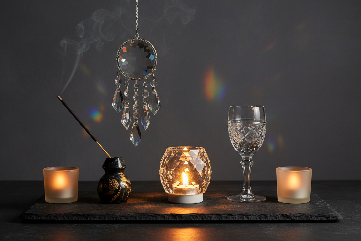 Moody flat lay of glowing crystal light, prism suncatcher, smoking incense holder, and elegant stone chalice on dark slate with candlelight