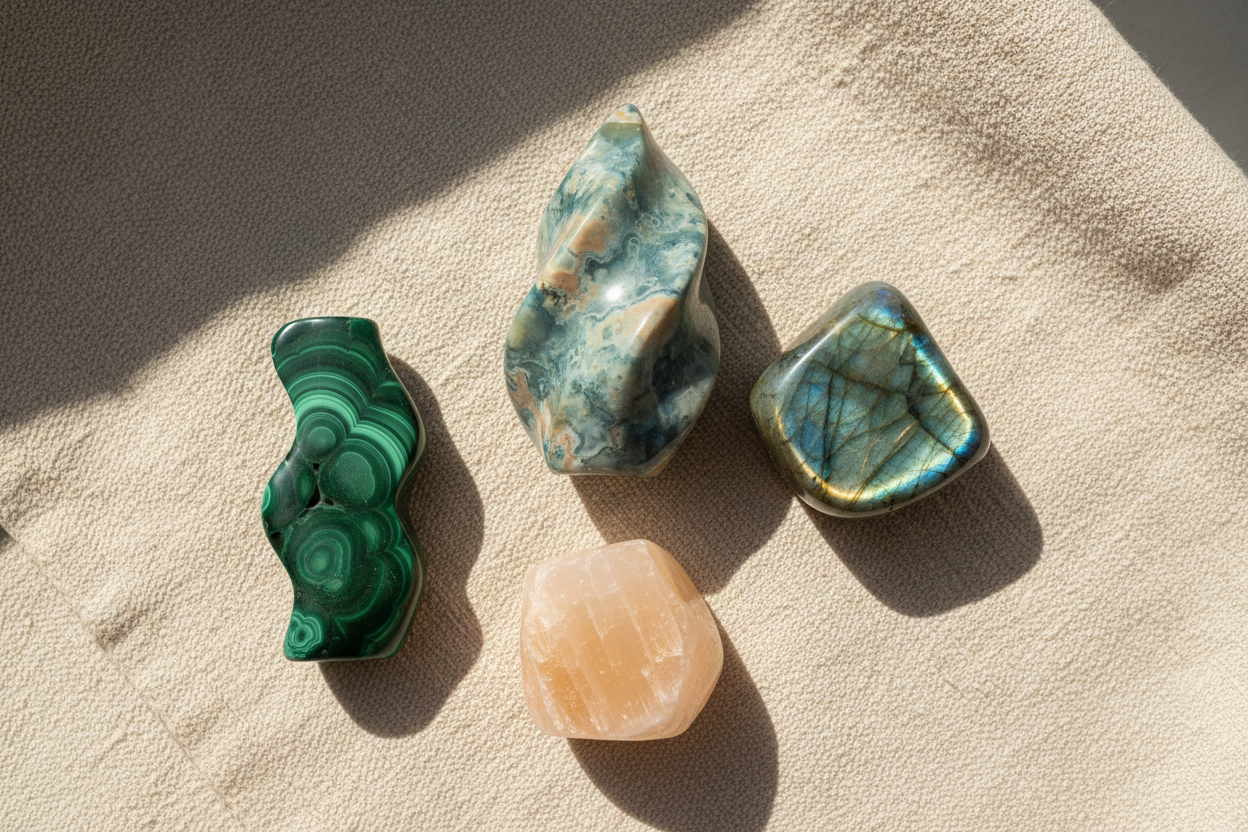 Ocean Jasper, Labradorite, Peach Selenite and Malachite freeform crystals on cream linen showcasing unique natural organic crystal shapes