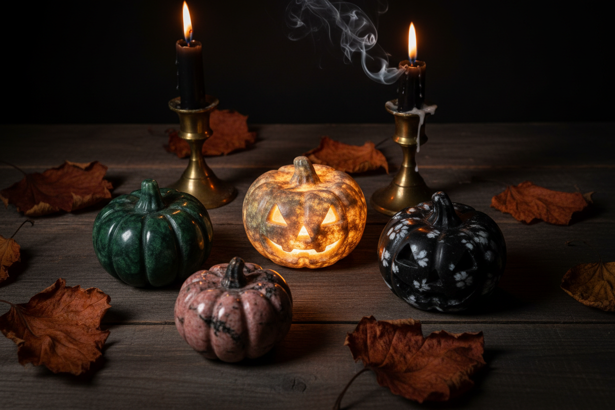 Yooperlite, Nephrite Jade, Snowflake Obsidian and Rhodonite Jack O'Lantern crystal pumpkin carvings on dark wood with autumn leaves and black candles for Halloween crystal decor