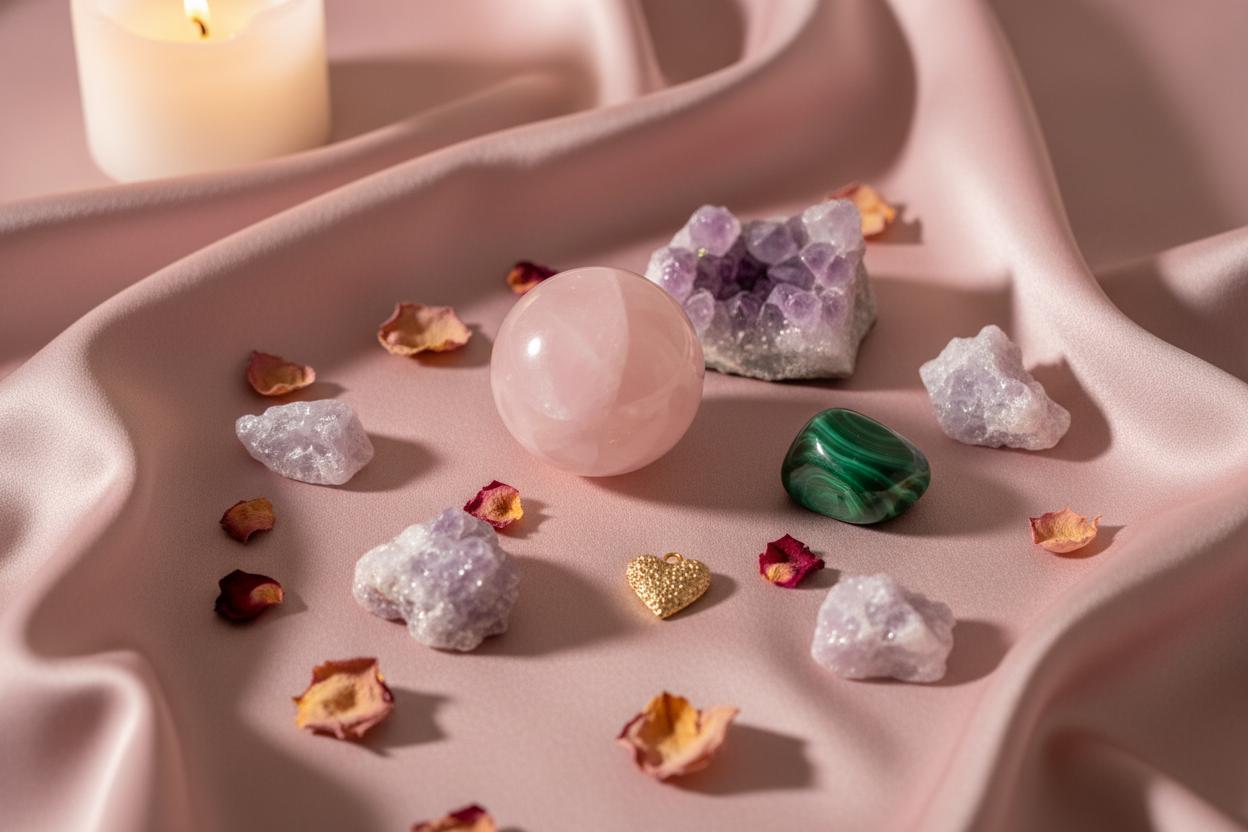 Rose Quartz, Pink Amethyst, Lepidolite and Malachite crystals arranged on blush pink silk with rose petals for love and heart chakra healing