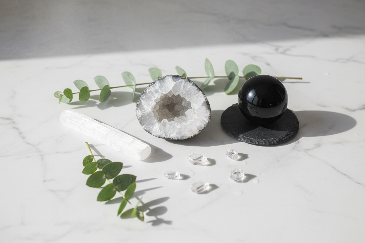 Clear Quartz, Selenite, Black Obsidian and Herkimer Diamond crystals on white marble with eucalyptus for healing, restoration and renewal