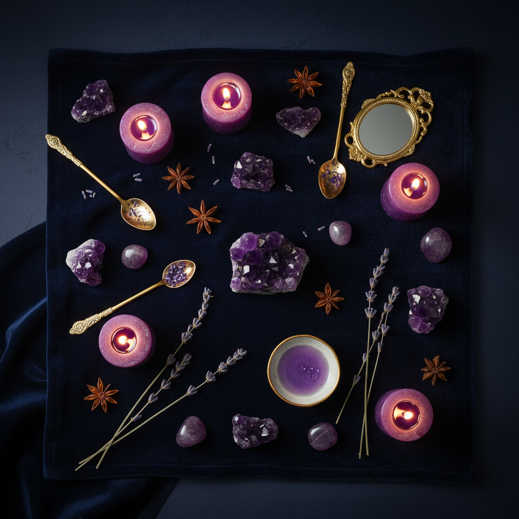  Amethyst Healing Spiritual Collection - Purple Amethyst Clusters Tumbled Stones Navy Velvet Lavender Botanicals Candles