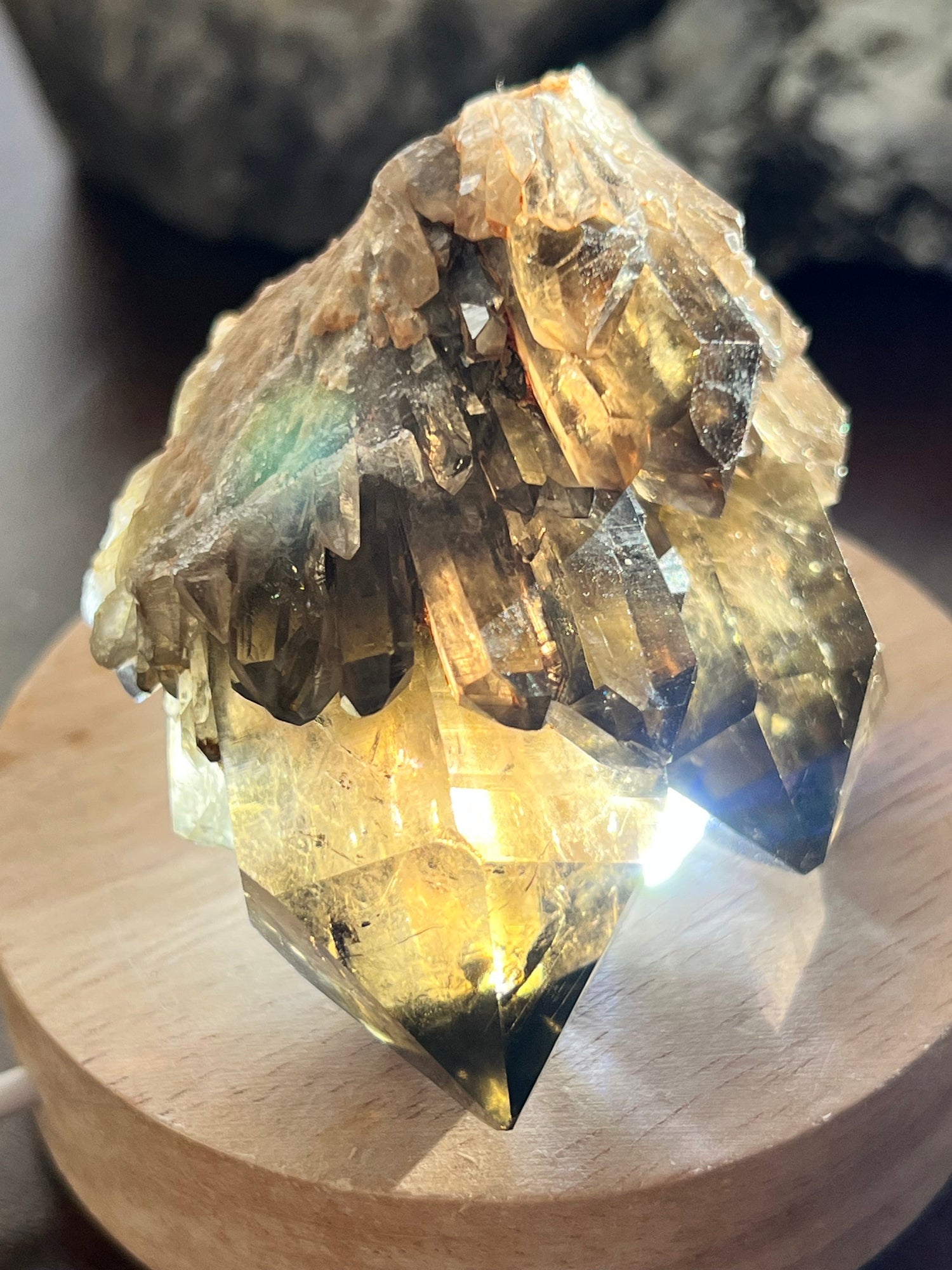 Close up Smokey Quartz Crystal Cluster with light 