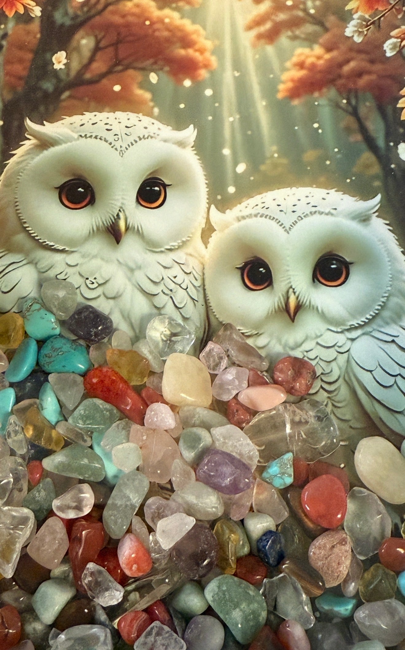 Two beautiful white owls peeking from behind loose multi color crystal pebbles 