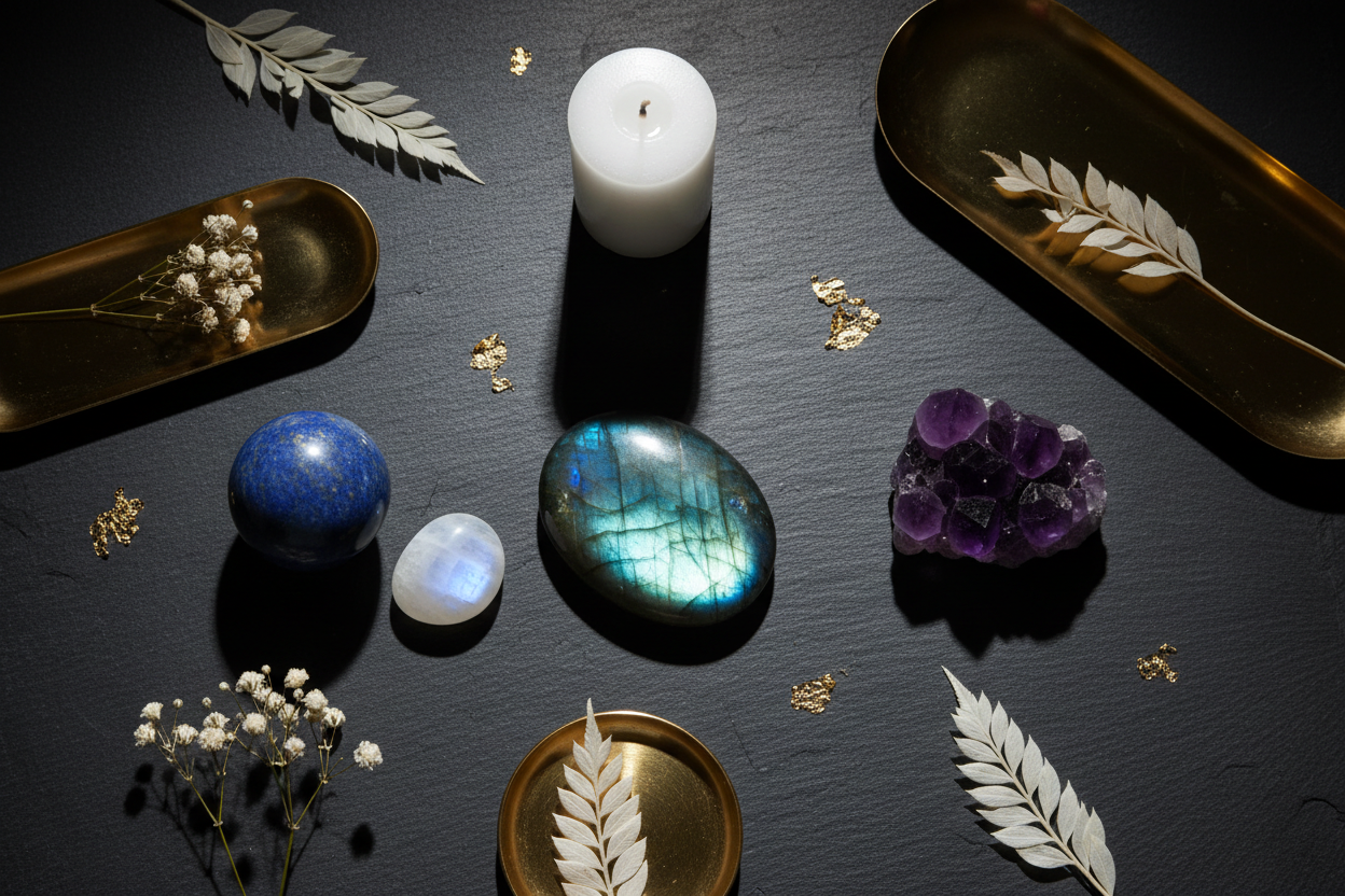 Labradorite, amethyst, lapis lazuli, and moonstone crystals on dark slate with white botanicals and candle for intuition and inner guidance