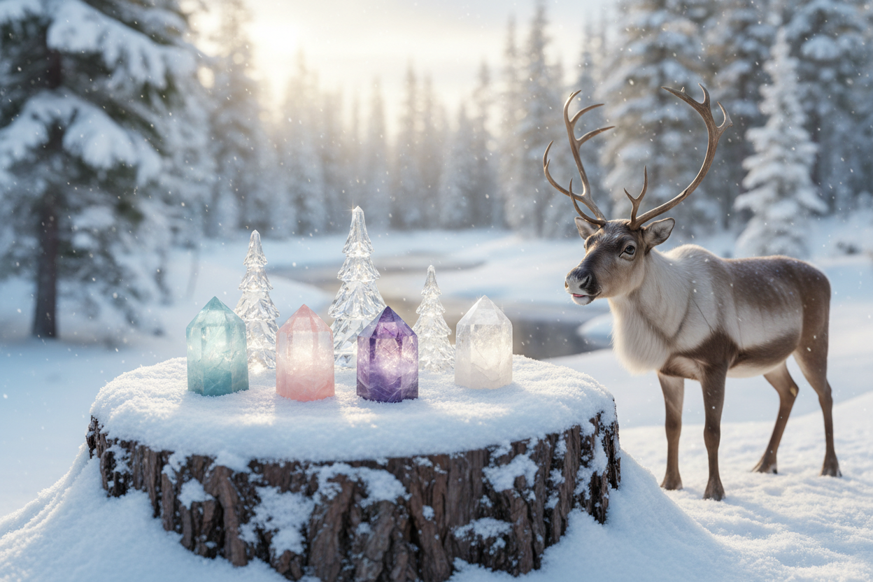 Reindeer standing over a tree stump in the snow and forest, looking at crystals 