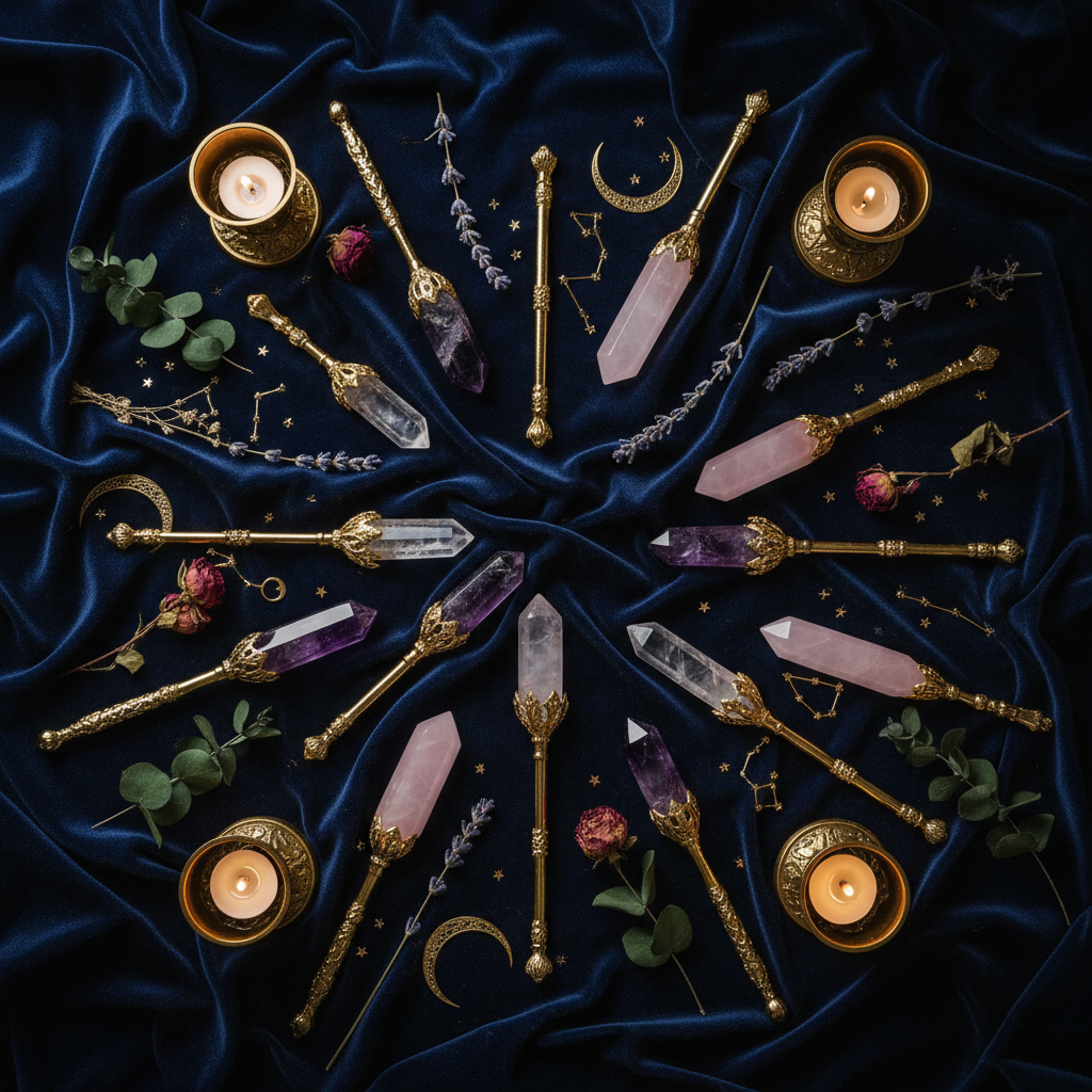 Scepters and Wands Collection - Amethyst Clear Quartz Rose Quartz Crystal Wands Navy Velvet Celestial Botanicals