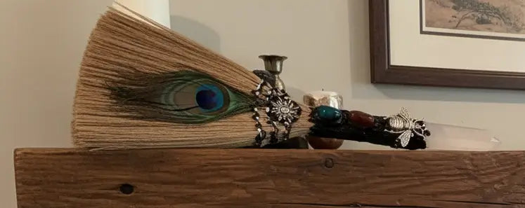 Handcrafted altar besom with Clear Quartz finial and Peacock feather