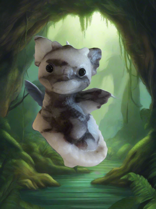 Fantasy illustration of a marble-textured dragon plushie in a jungle setting.