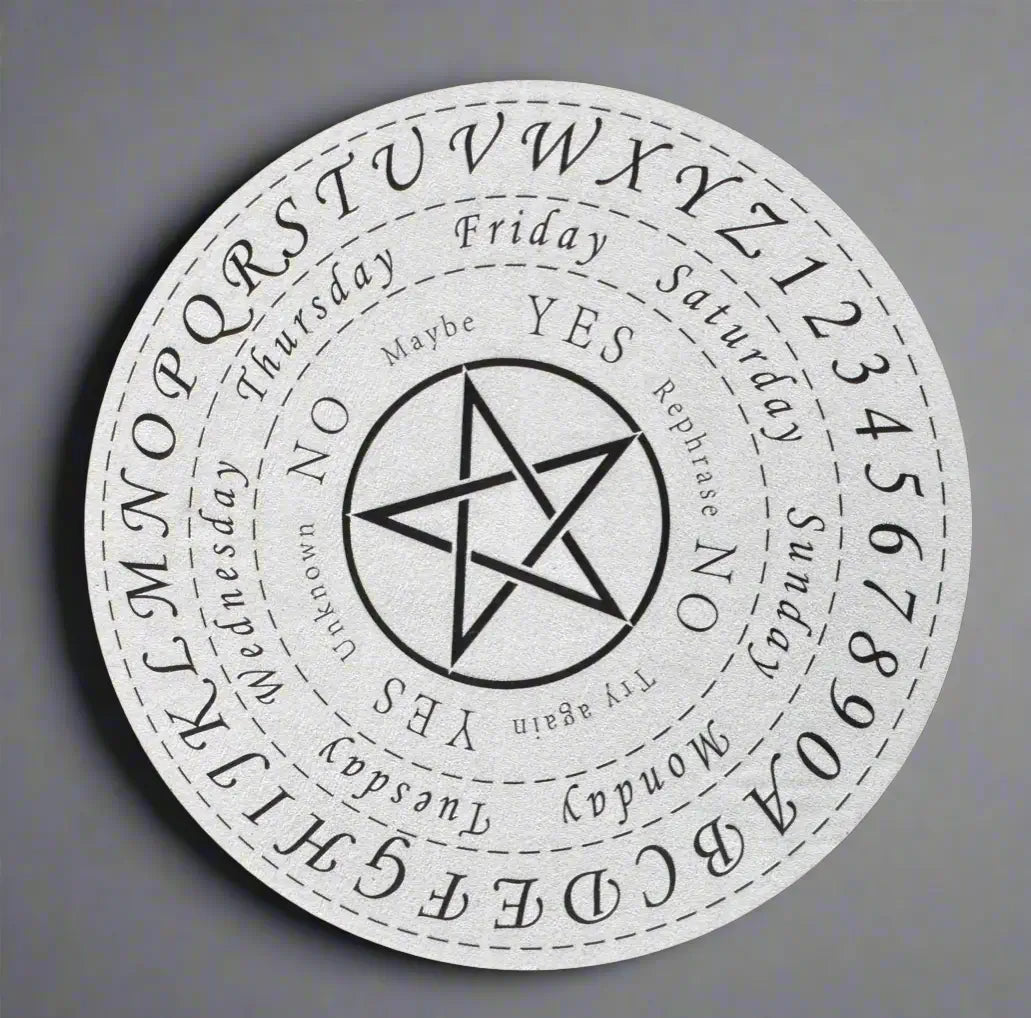 White spirit board with black markings, letters, numbers, days of the week, and a pentagram in the center.