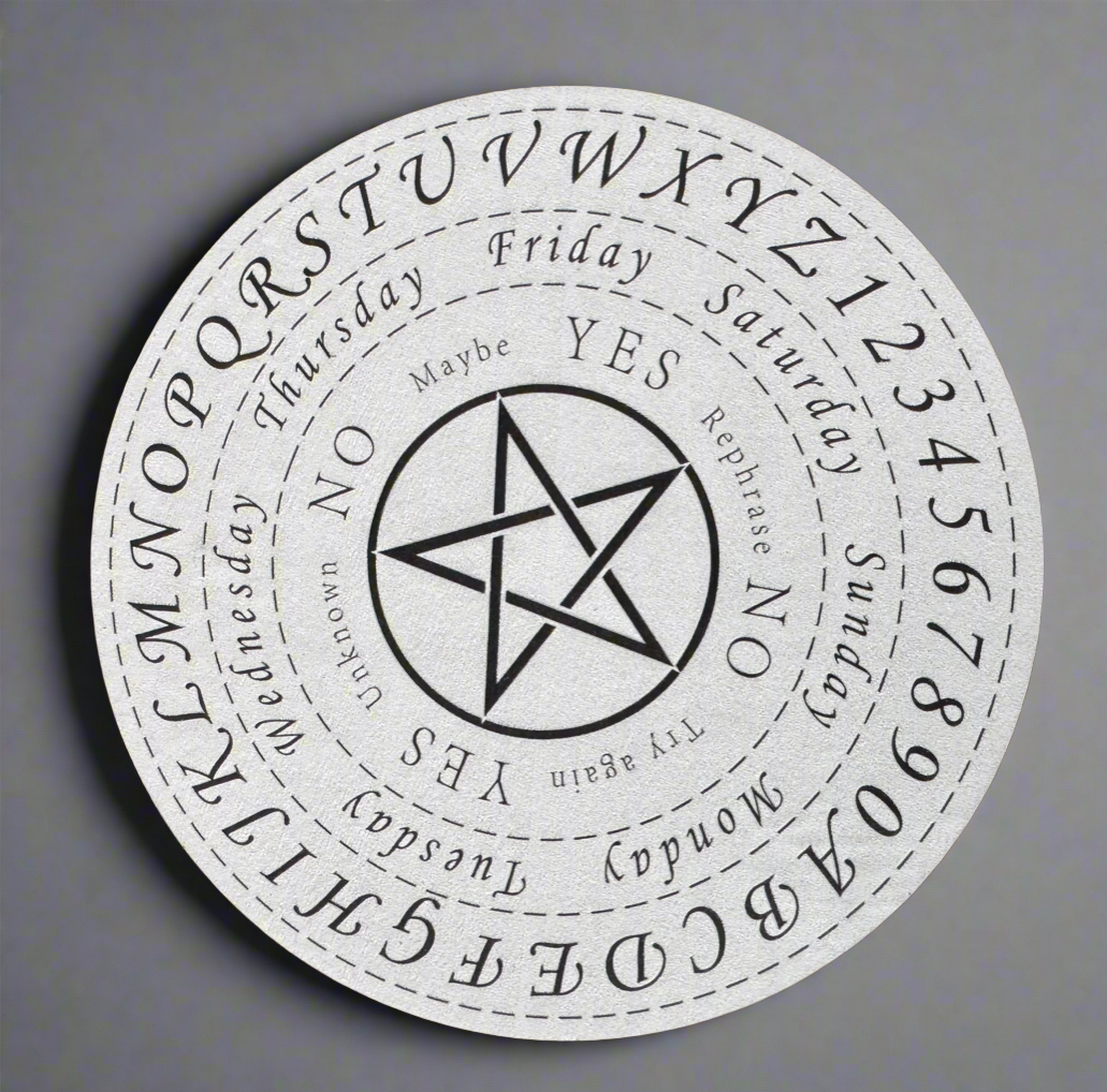 White spirit board with black markings, letters, numbers, days of the week, and a pentagram in the center.