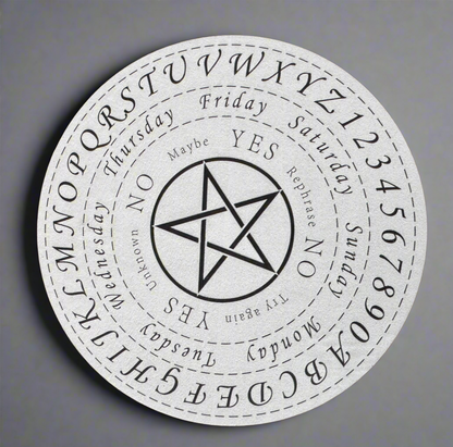 White spirit board with black markings, letters, numbers, days of the week, and a pentagram in the center.