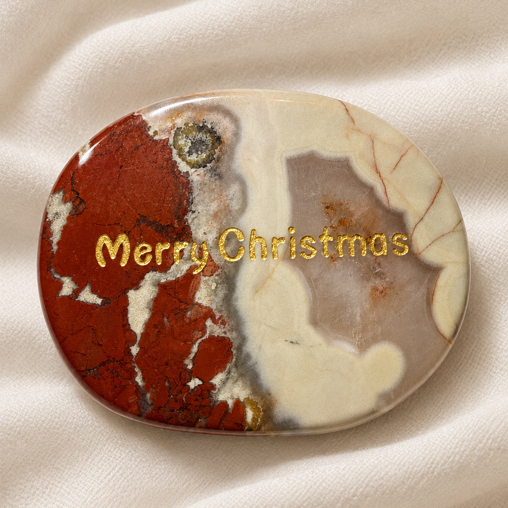 Brecciated Jasper polished worry stone with Merry Christmas etched on one side with gold tone lettering
