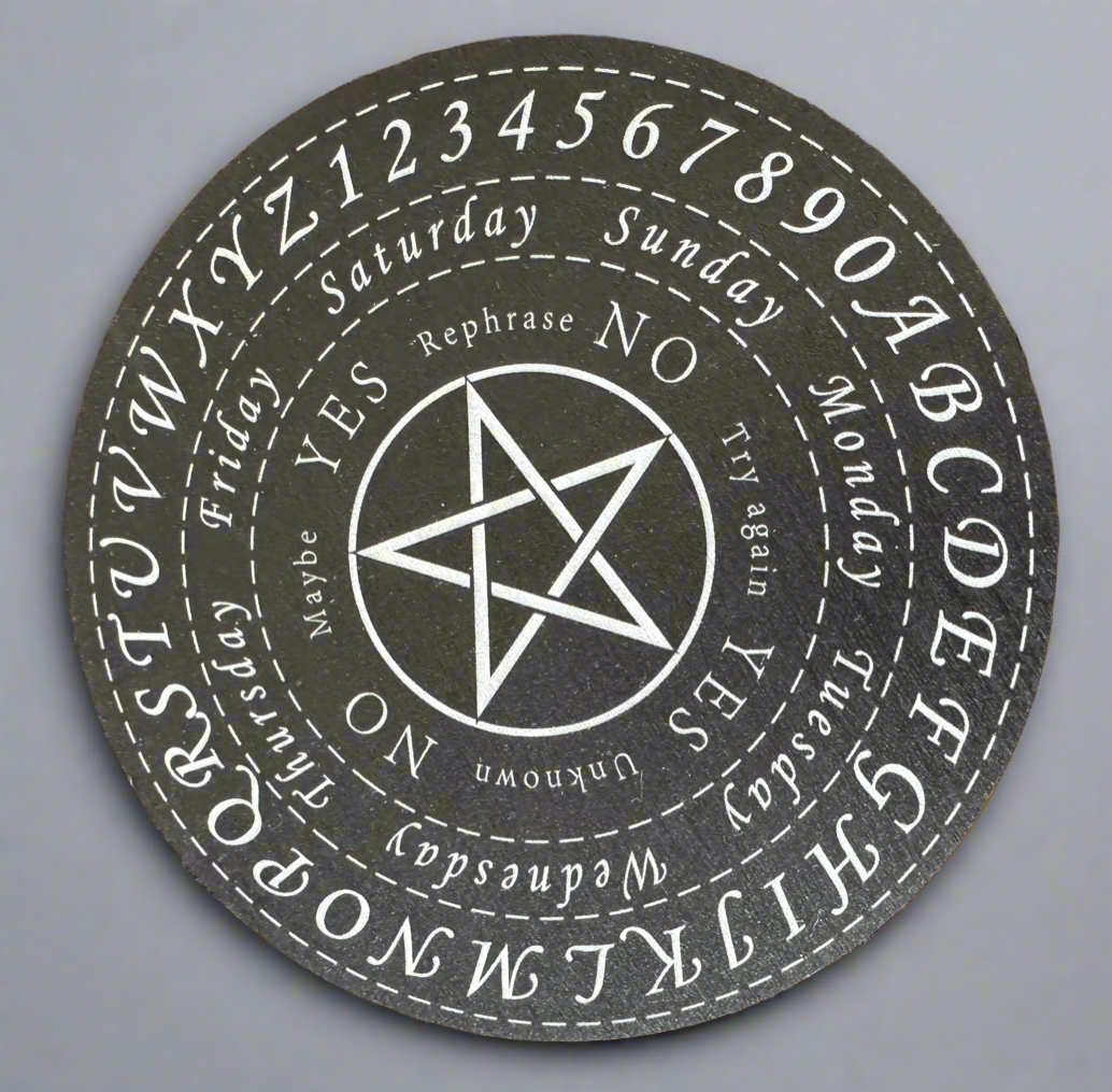 Close-up of a black and white talking board with a star in the center and letters, numbers, and days of the week around the edge.