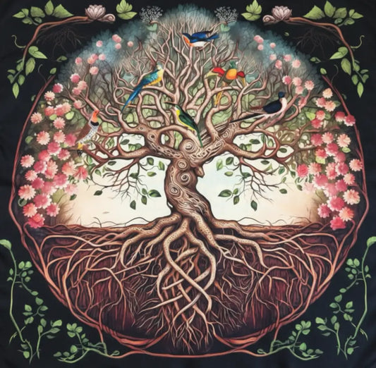 altar cloth tree of life with blue birds pink flowers and a tree with roots 
