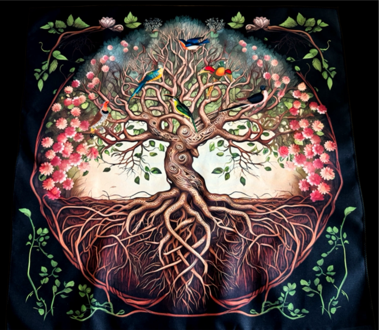 Illustration of a tree with intertwined roots and branches, surrounded by pink blossoms and colorful birds, set against a dark background.
