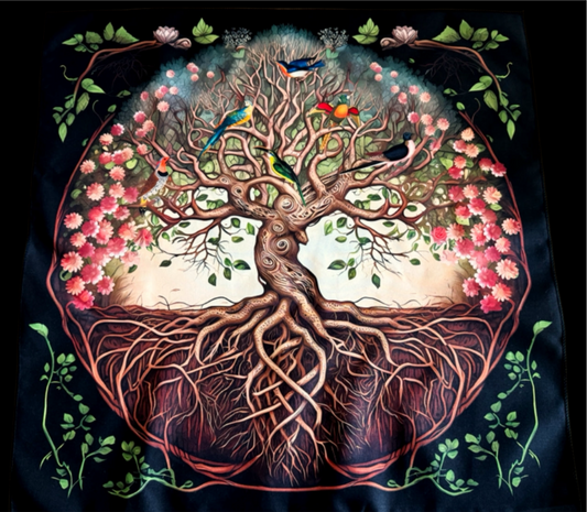 Illustration of a tree with intertwined roots and branches, surrounded by pink blossoms and colorful birds, set against a dark background.
