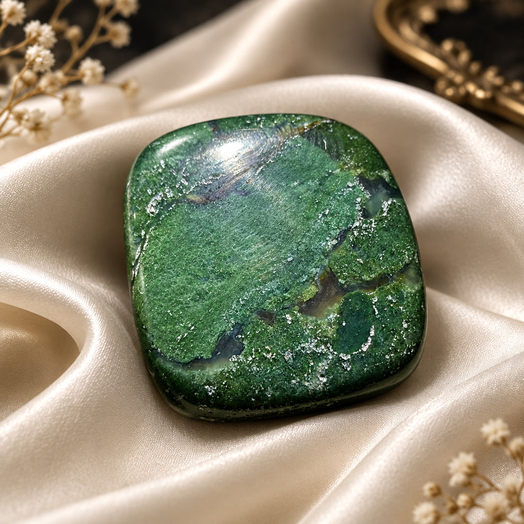 close up of one natural green jasper crystal cube