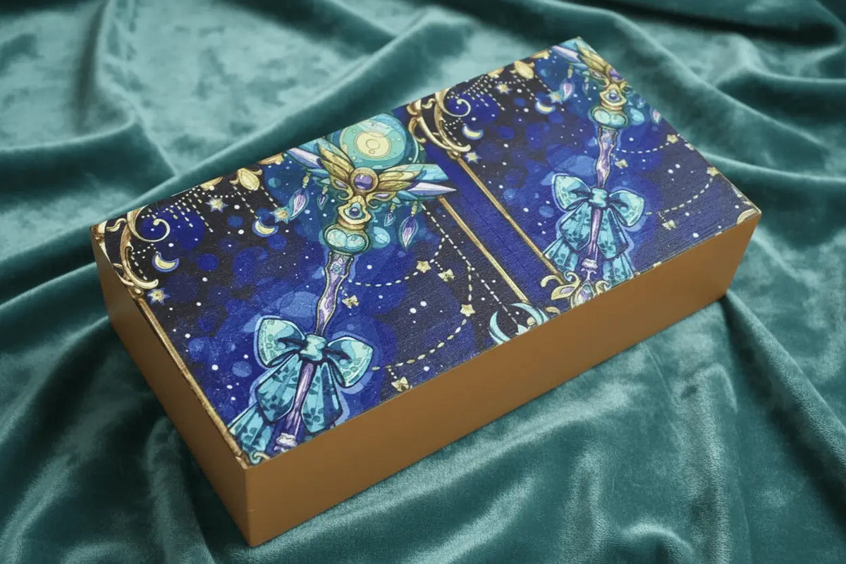 Earth Wisdom wooden crystal travel box with blue and yellow emblem