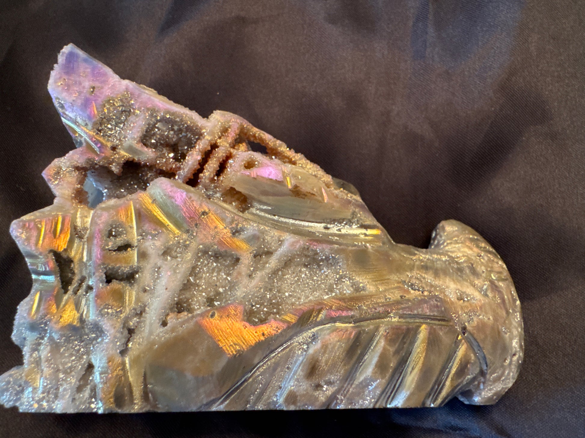 Iridescent quartz crystal formation.