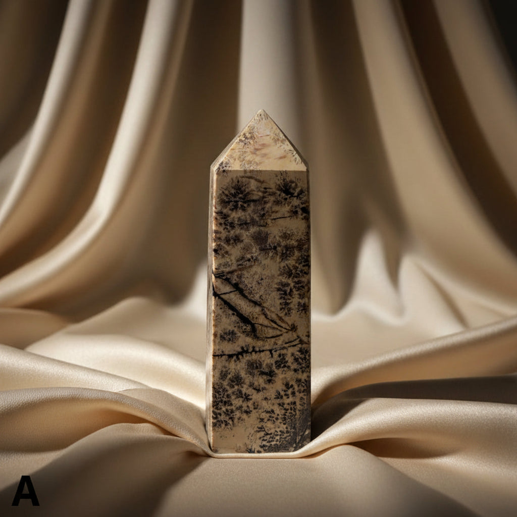 close up of picture jasper tower A, photo of picture jasper tower showing banding and dendritic inclusions 