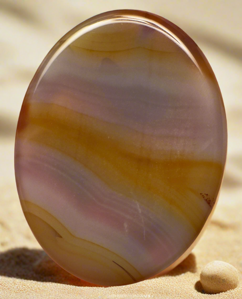 Polished agate stone on sand.
