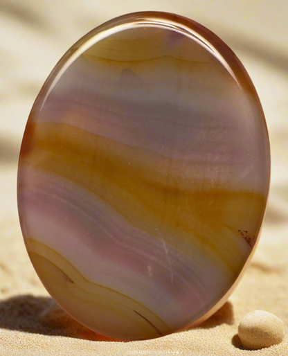 Polished agate stone on sand.
