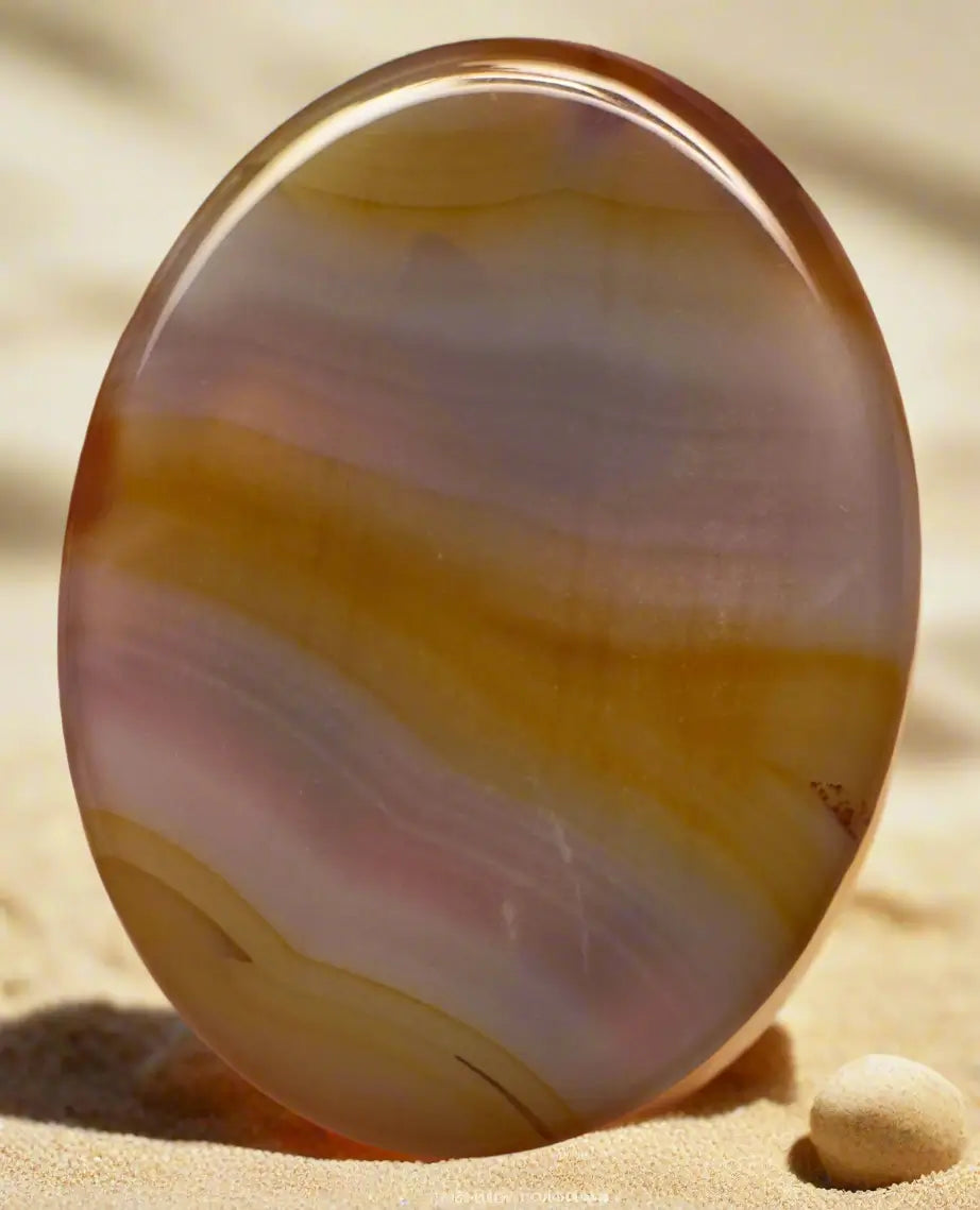 Close-up of oval worry stone with yellow and pink swirls on sandy beach