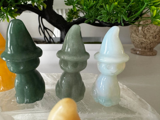 Witch Kitty carved figurines on crystal slab