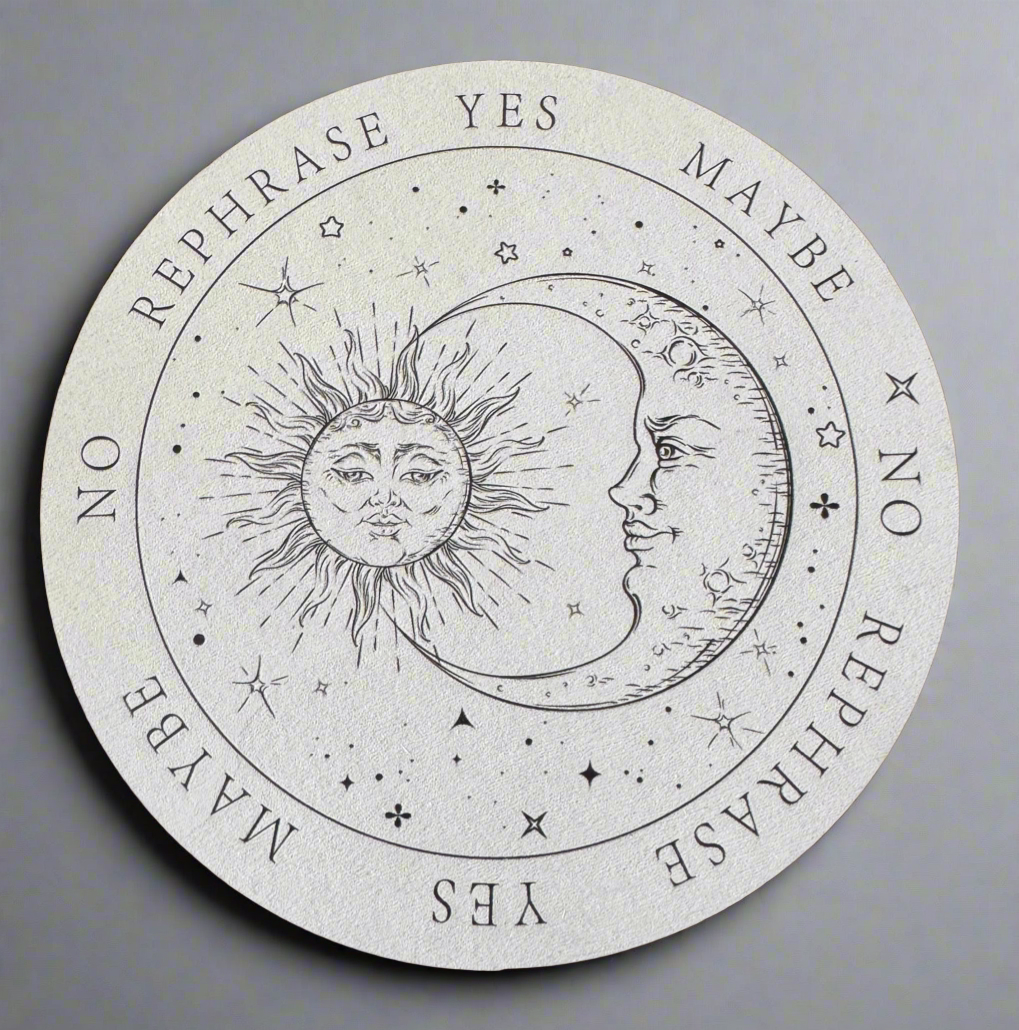 Round pendulum board featuring a sun and moon design with the words "Yes", "No", "Maybe", and "Rephrase".