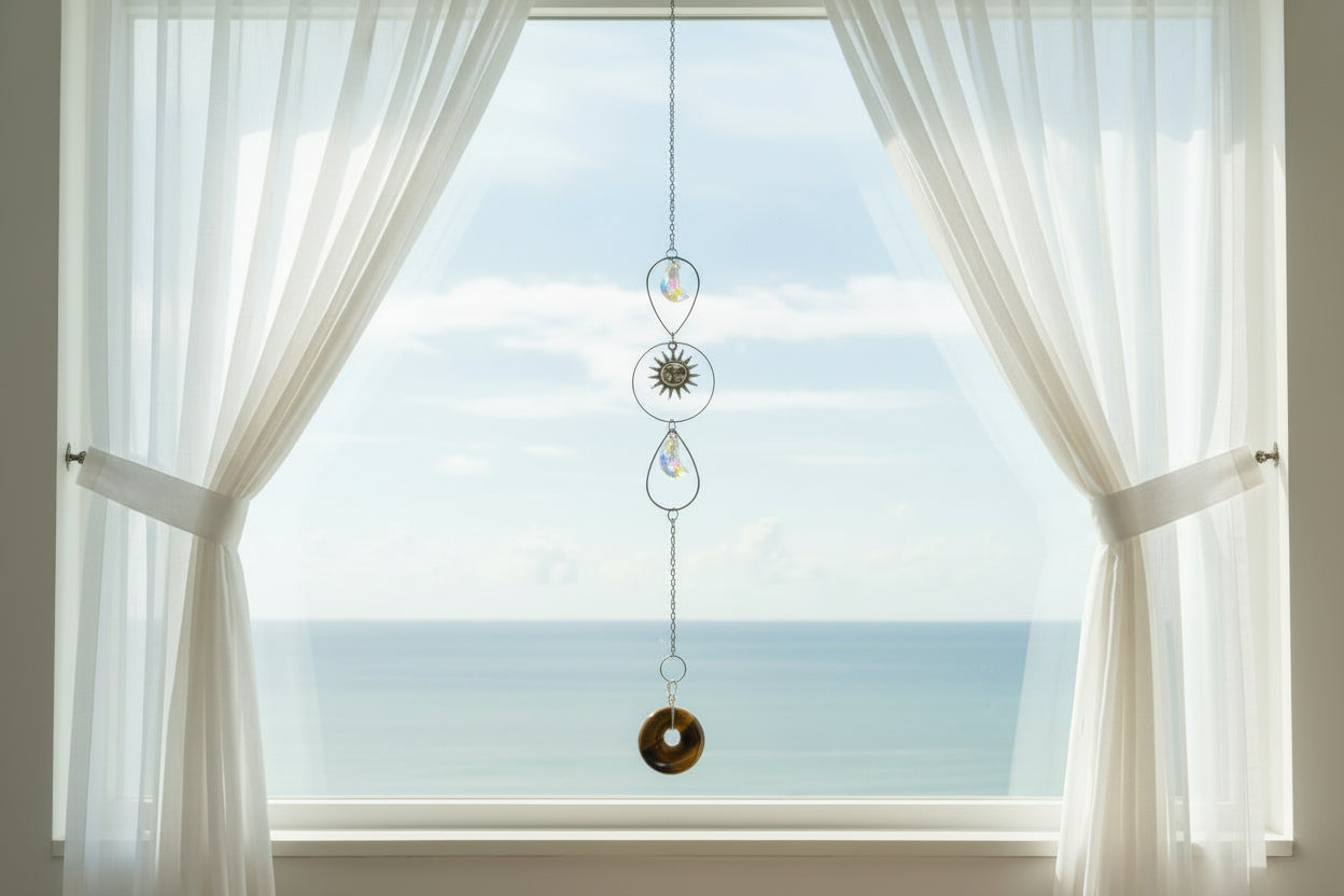 Pretty Tigers Eye crystal suncatcher with silver accents, charms in a window with the sea behind it