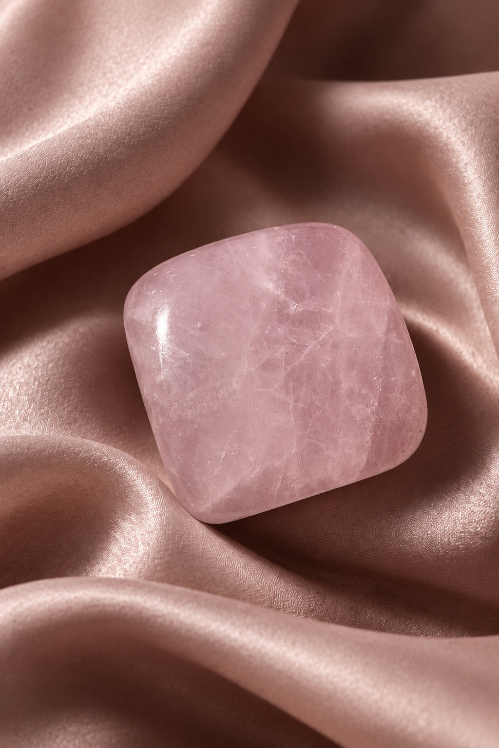 A polished pink rose quartz gemstone, resting on a light gray surface with a prominent shadow.