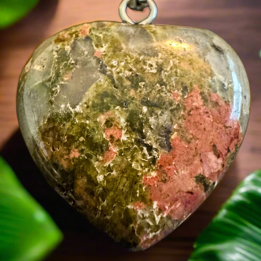 unakite carved heart pinks and green colors