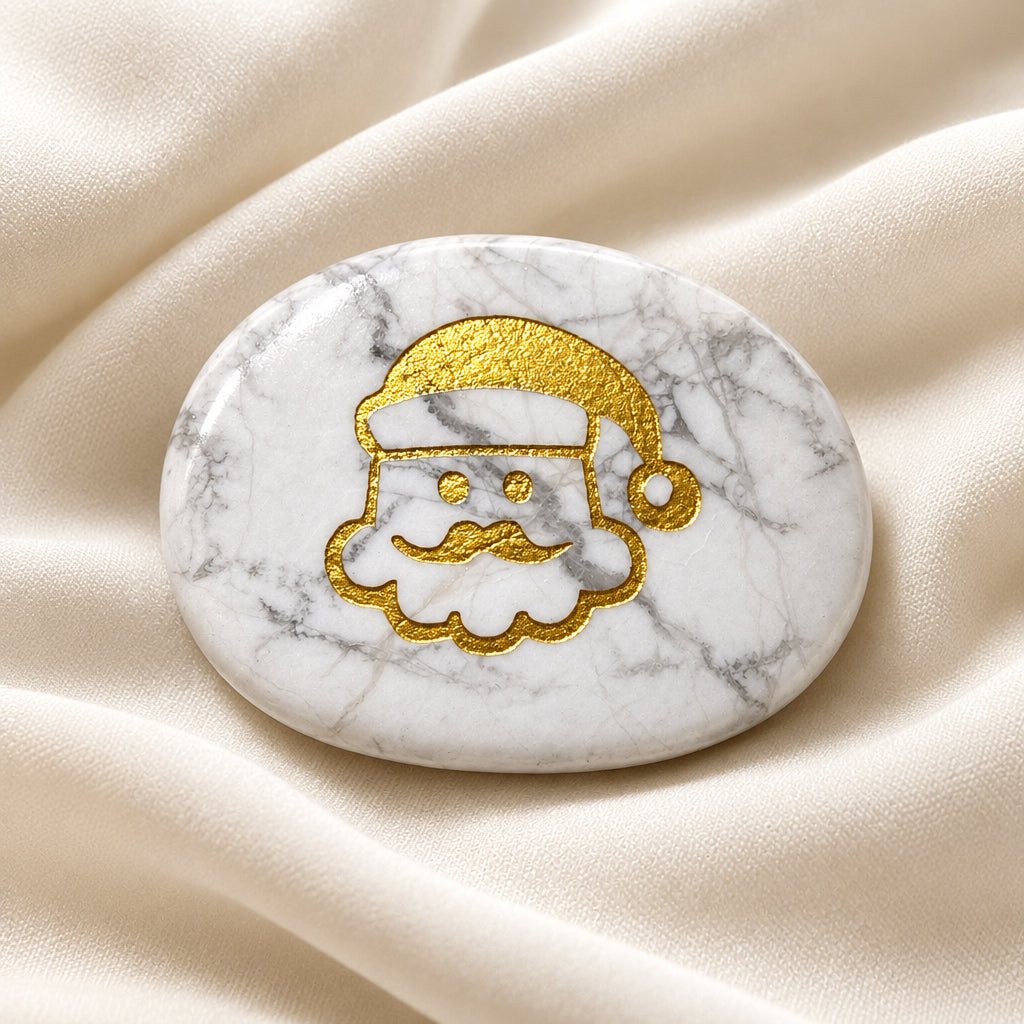 carved worry stone with Santa face etched in gold tone, made from howlite crystal