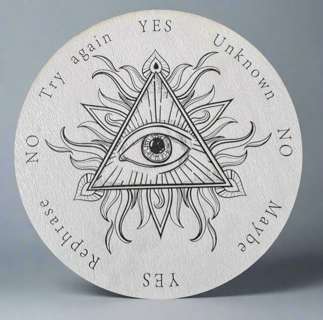 Ouija board with "eye of providence" symbol and "yes", "no", "maybe", "unknown", "try again", and "rephrase" answers.
