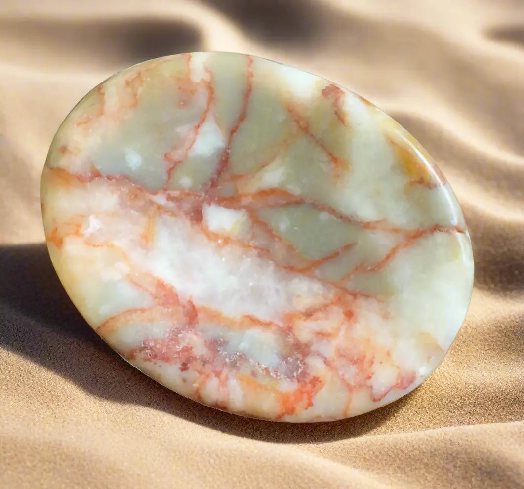 Polished, oval stone with white and red veins on a tan, textured surface.
