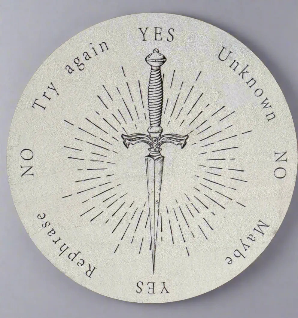 Circular pendulum board with sword design and answer labels