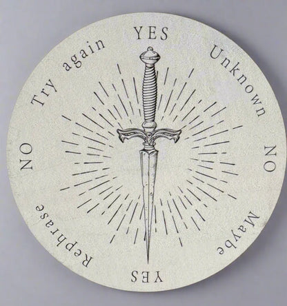 Circular pendulum board with sword design and answer labels