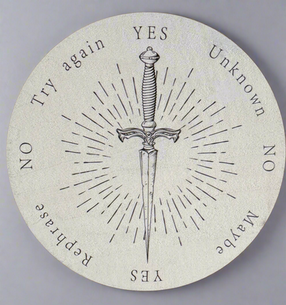 Circular pendulum board with sword design and text labels like "Yes," "No," "Maybe," and "Unknown."