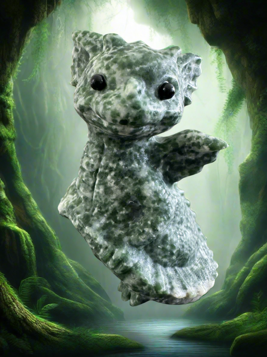 A mottled green jade dragon figurine in a mystical forest setting.