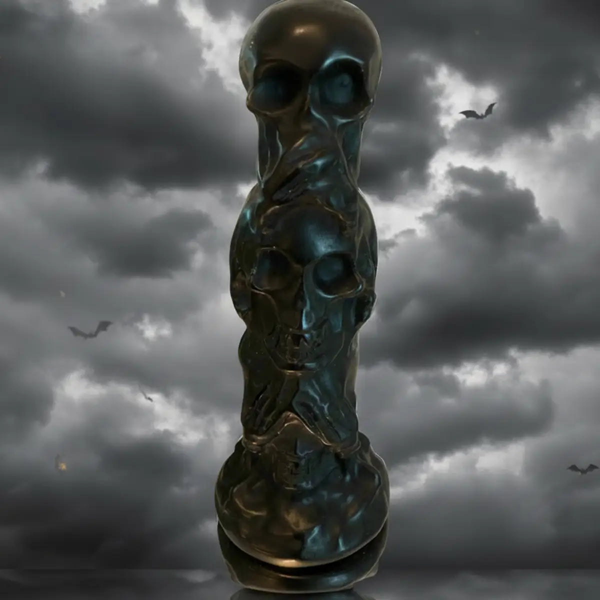 Black Obsidian Three Wise Skulls totem carving front view