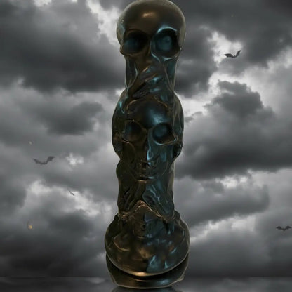 Black Obsidian Three Wise Skulls totem carving front view