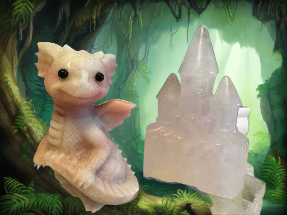 Stone dragon and crystal castle against a jungle backdrop.