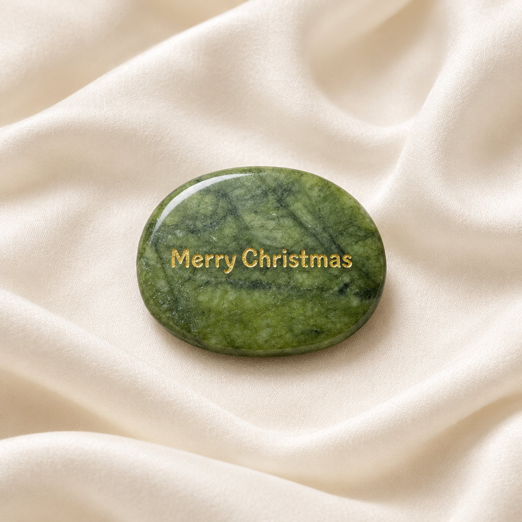 Serpentine crystal carved oval worry stone, with Merry Christmas etched on one side in a gold tone color